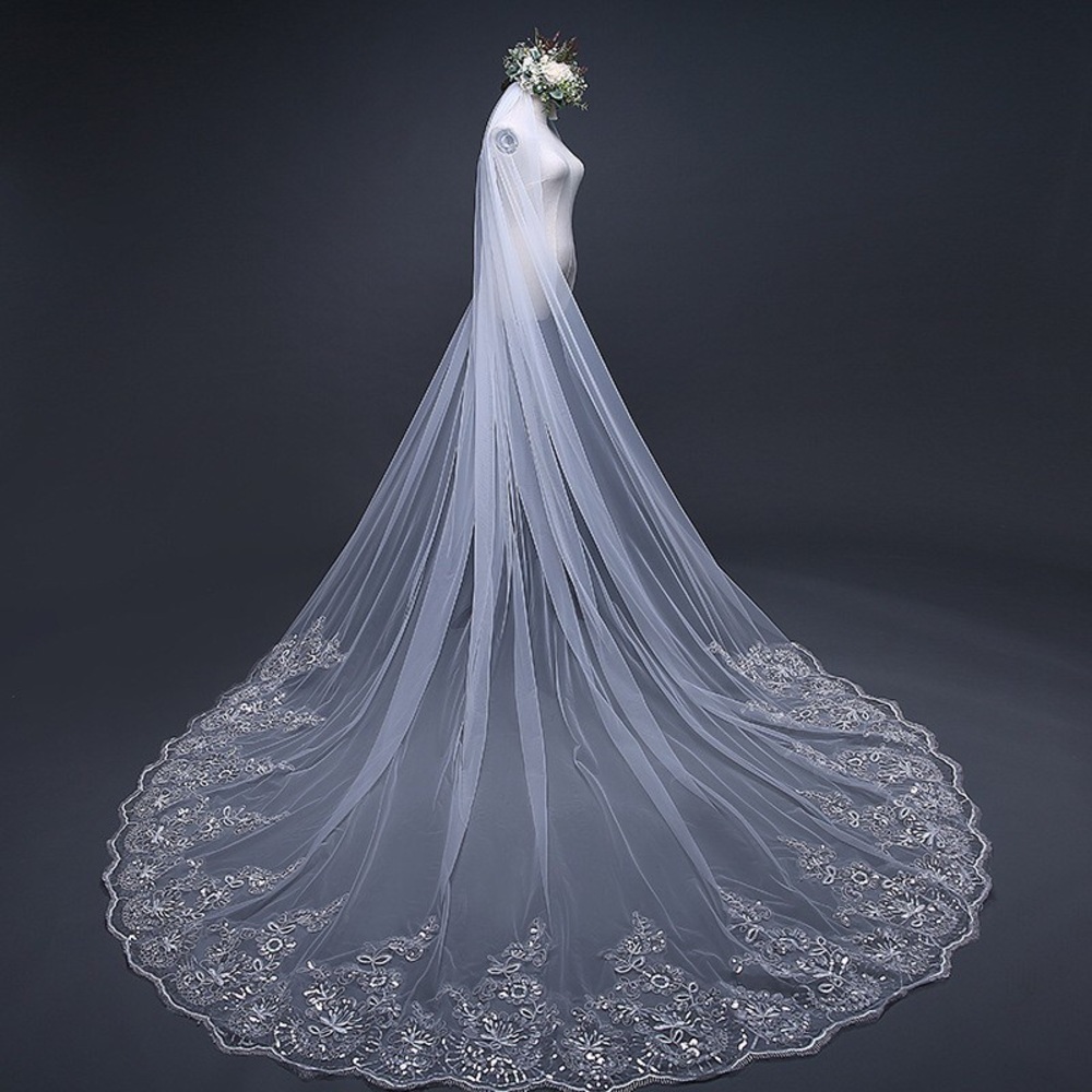 3M Cathedral-Length White Bridal Veil with Embroidered Scalloped Edge